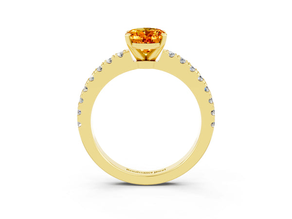 Yellow gold Oval Cut Solitaire Citrine with Pavé Band and Four-Prong Setting