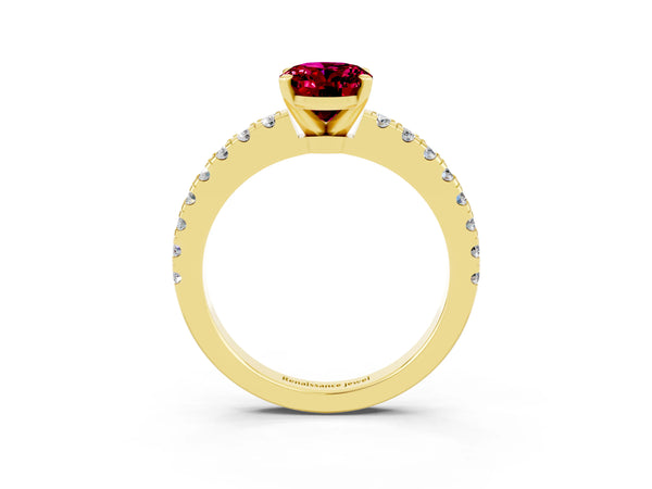 Yellow gold Oval Cut Solitaire Garnet with Pavé Band and Four-Prong Setting