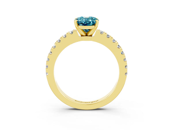 Yellow gold Oval Cut Solitaire Blue Topaz with Pavé Band and Four-Prong Setting