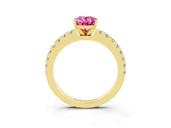 Yellow gold Oval Cut Solitaire Pink Sapphire with Pavé Band and Four-Prong Setting