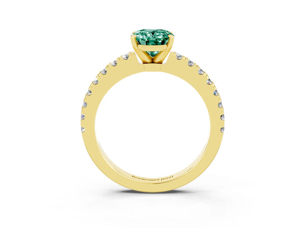 Yellow gold Oval Cut Solitaire Green Sapphire with Pavé Band and Four-Prong Setting