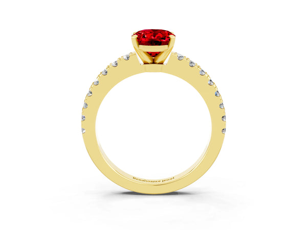 Yellow gold Oval Cut Solitaire Ruby with Pavé Band and Four-Prong Setting