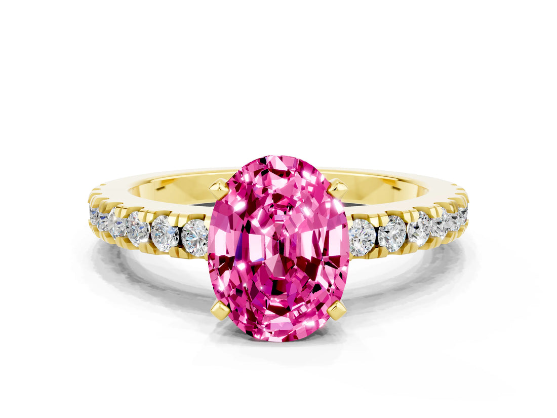 Yellow gold Oval Cut Solitaire Diamond with Pavé Band and Four-Prong Setting