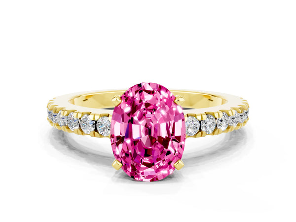 Yellow gold Oval Cut Solitaire Pink Sapphire with Pavé Band and Four-Prong Setting