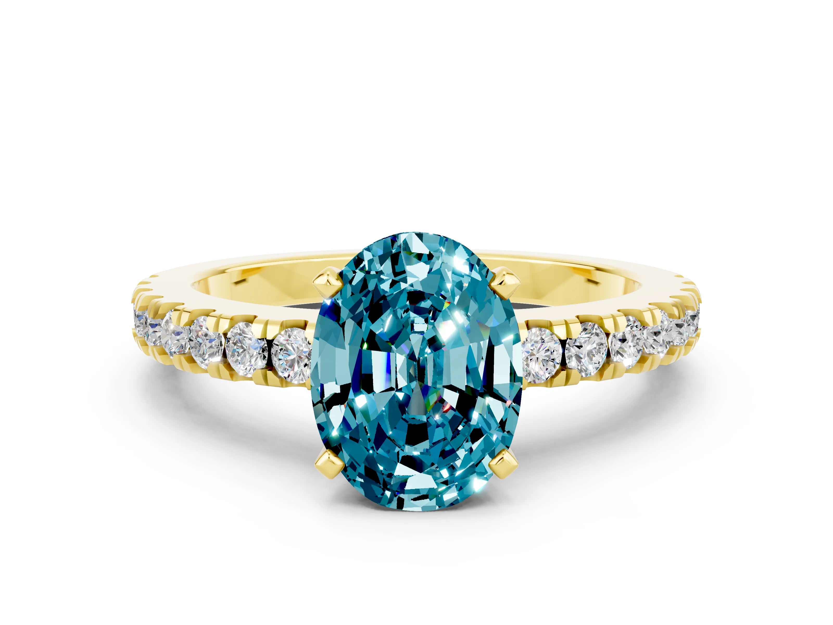 Yellow gold Oval Cut Solitaire Diamond with Pavé Band and Four-Prong Setting