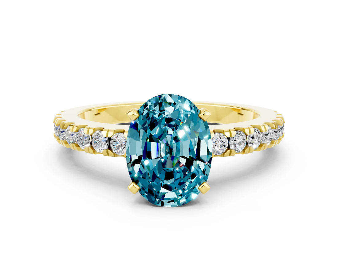 Yellow gold Oval Cut Solitaire Diamond with Pavé Band and Four-Prong Setting