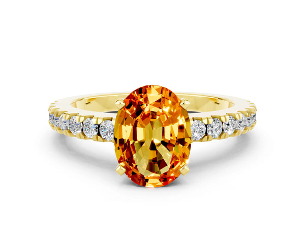Yellow gold Oval Cut Solitaire Citrine with Pavé Band and Four-Prong Setting