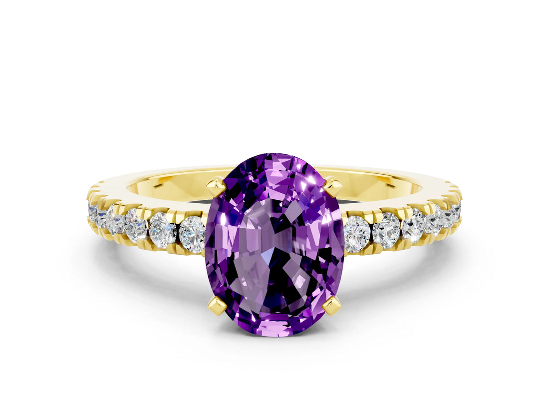 Yellow gold Oval Cut Solitaire Diamond with Pavé Band and Four-Prong Setting