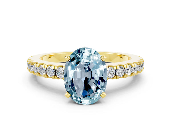 Yellow gold Oval Cut Solitaire Aquamarine with Pavé Band and Four-Prong Setting