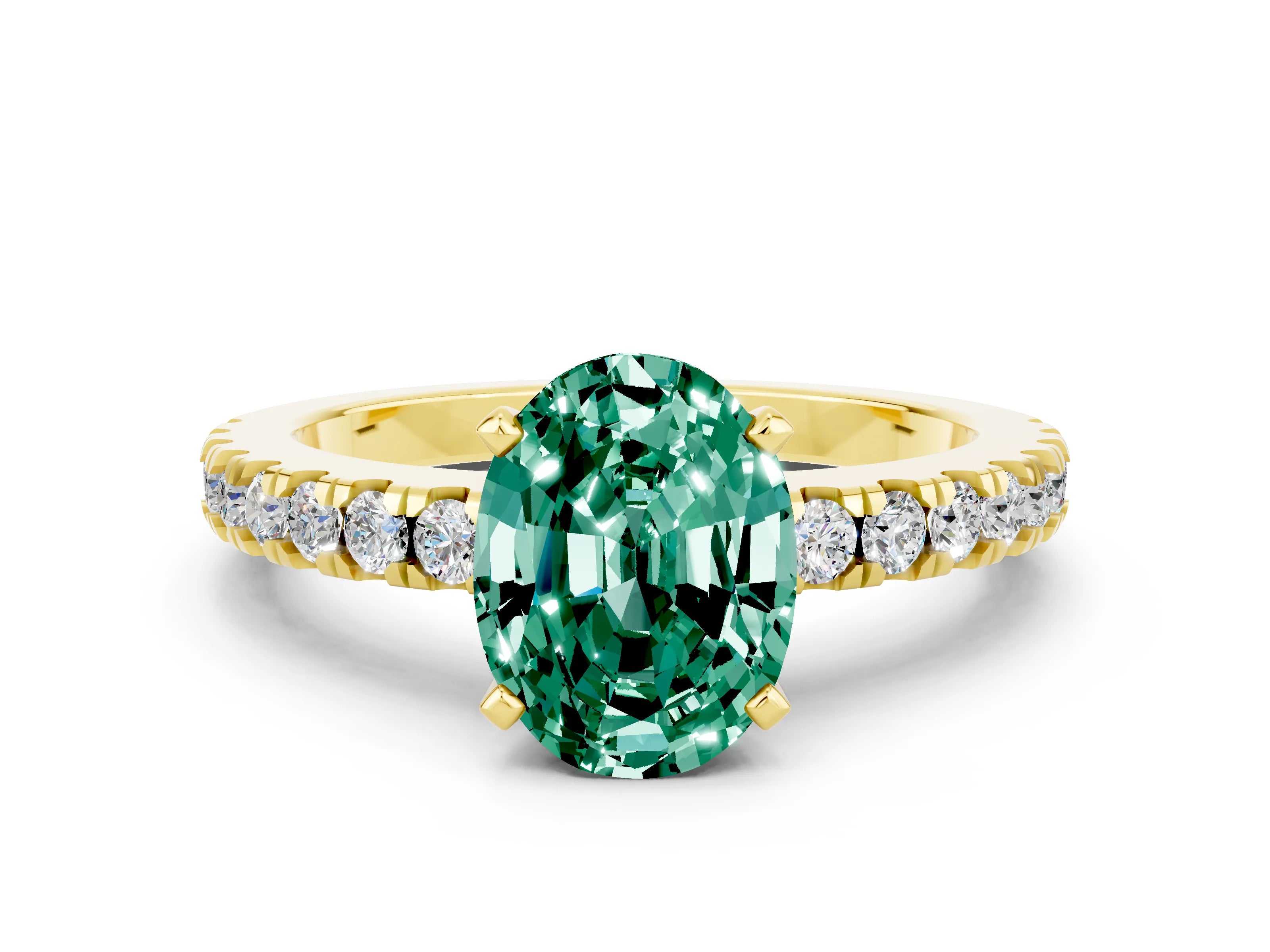 Yellow gold Oval Cut Solitaire Diamond with Pavé Band and Four-Prong Setting
