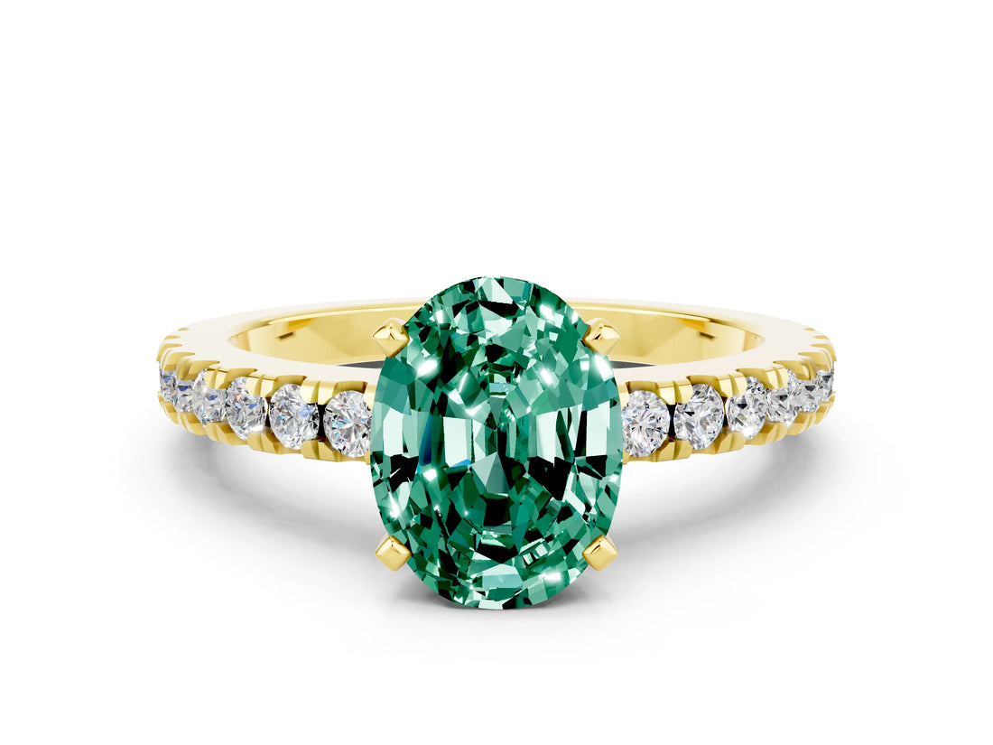 Yellow gold Oval Cut Solitaire Diamond with Pavé Band and Four-Prong Setting