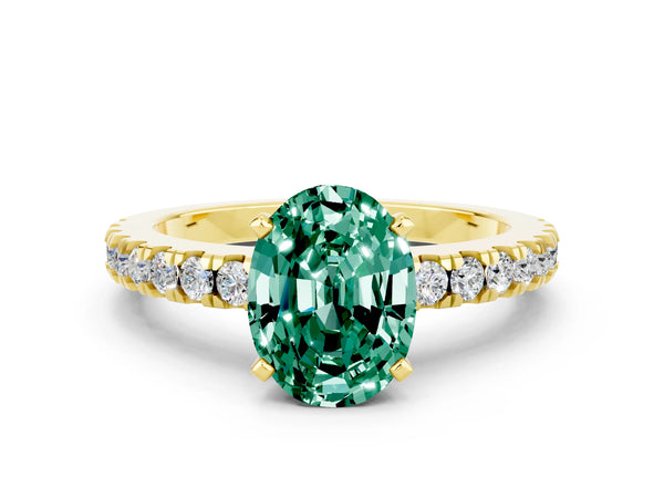 Yellow gold Oval Cut Solitaire Green Sapphire with Pavé Band and Four-Prong Setting