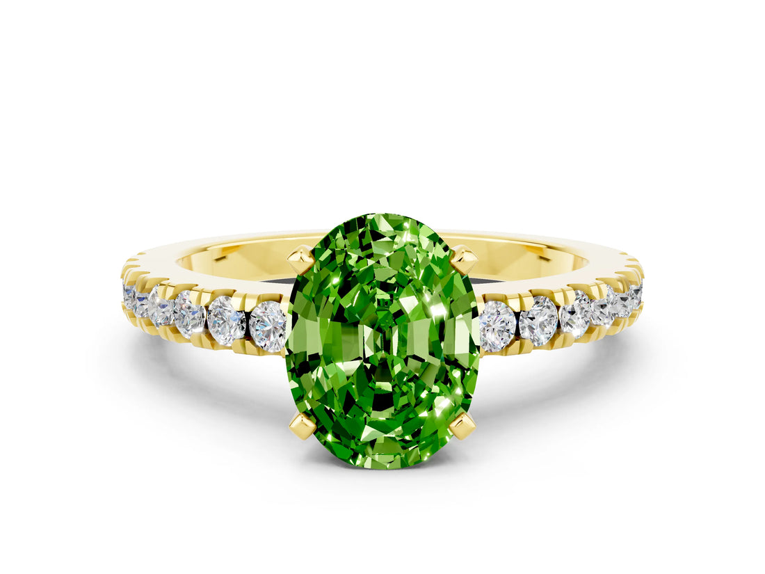 Yellow gold Oval Cut Solitaire Diamond with Pavé Band and Four-Prong Setting