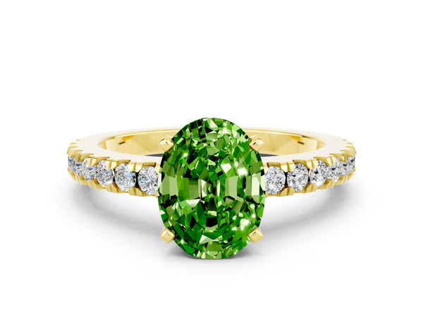 Yellow gold Oval Cut Solitaire Peridot with Pavé Band and Four-Prong Setting