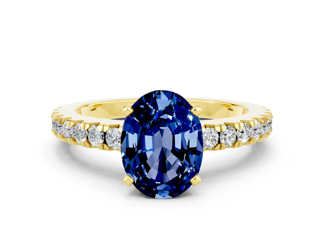 Yellow gold Oval Cut Solitaire Diamond with Pavé Band and Four-Prong Setting