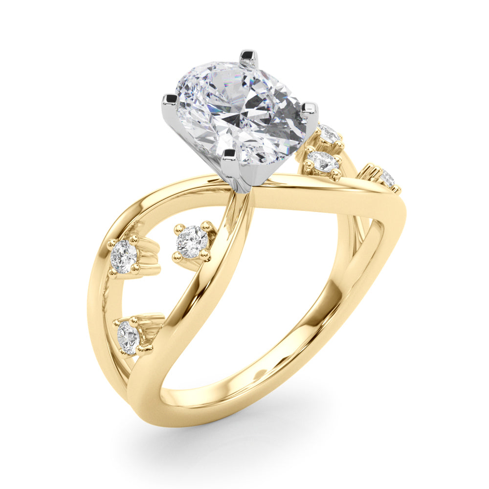 Yellow gold Oval Cut Solitaire Diamond with Side Stones on Criss-Cross Band and Four-Prong Setting 1