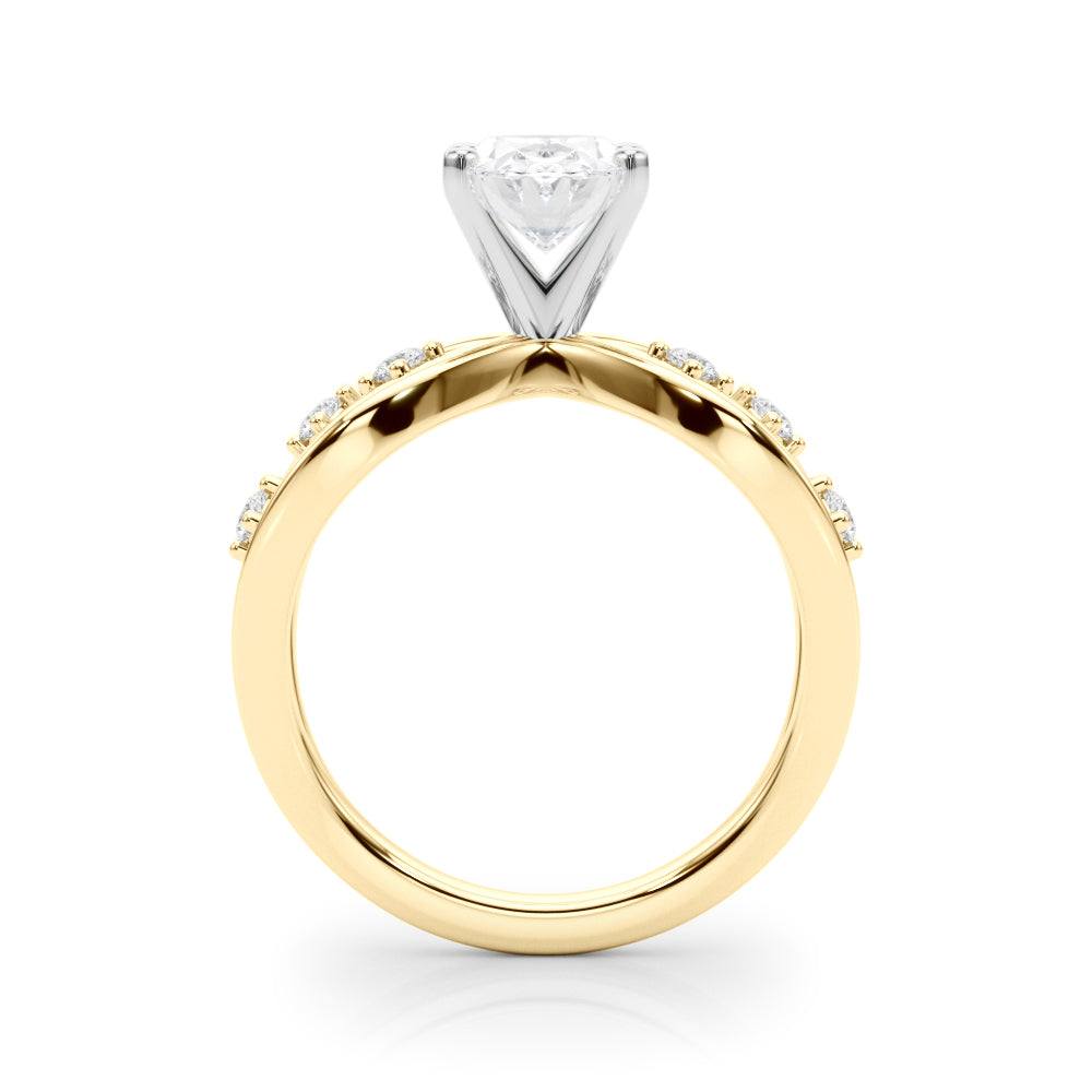 Yellow gold Oval Cut Solitaire Diamond with Side Stones on Criss-Cross Band and Four-Prong Setting 2