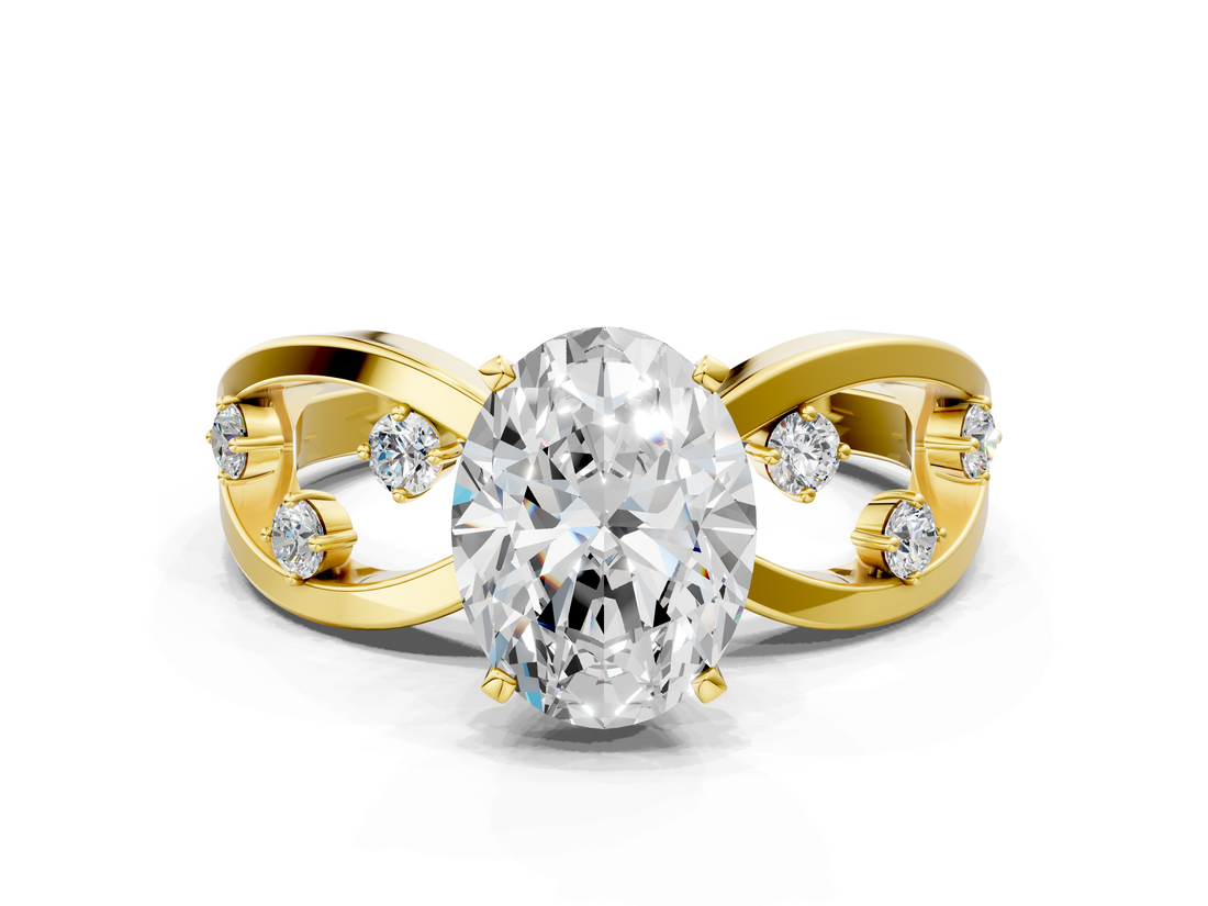 Yellow gold Oval Cut Solitaire Diamond with Side Stones on Criss-Cross Band and Four-Prong Setting_24