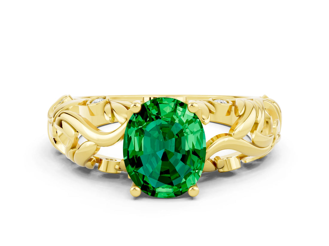 Yellow gold Oval Cut Solitaire Emerald Leaf-Inspired Vine Band Ring with Prong Setting