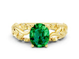 Yellow gold Oval Cut Solitaire Emerald Leaf-Inspired Vine Band Ring with Prong Setting