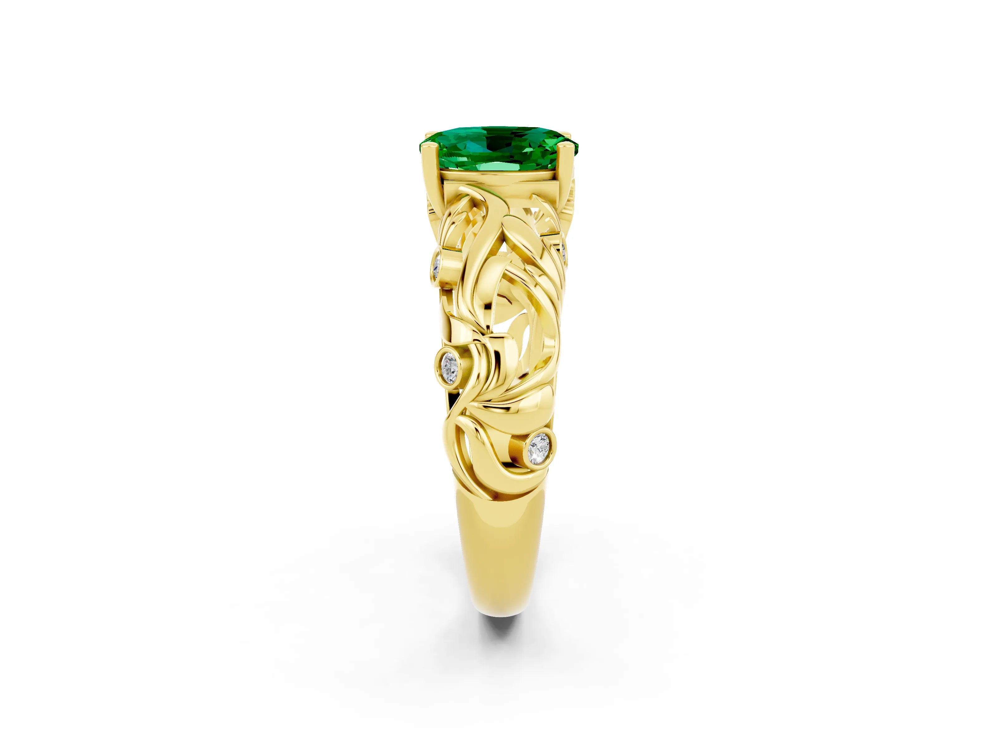 Yellow gold Oval Cut Solitaire Emerald Leaf-Inspired Vine Band Ring with Prong Setting_2