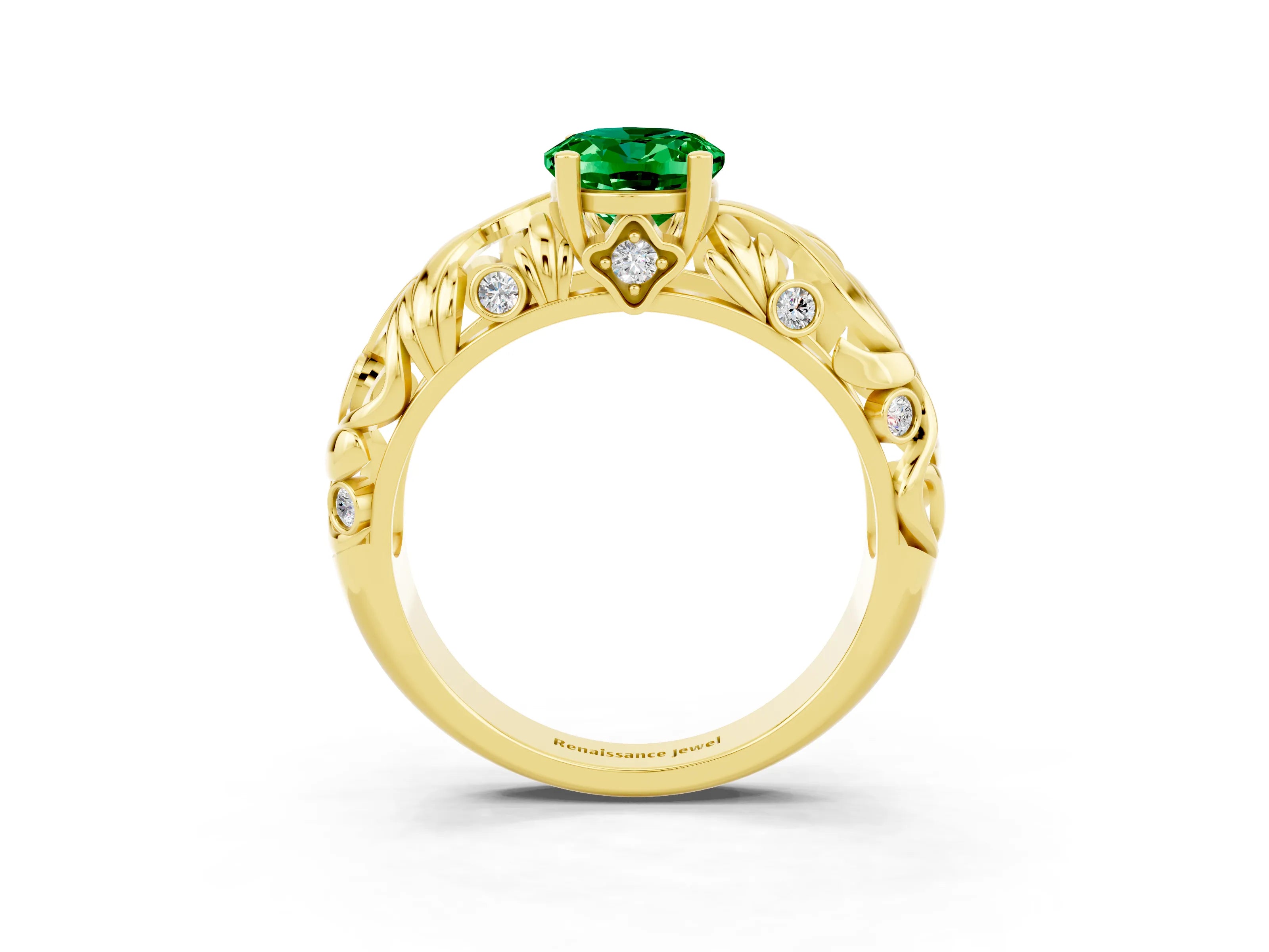 Yellow gold Oval Cut Solitaire Emerald Leaf-Inspired Vine Band Ring with Prong Setting_3