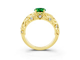 Yellow gold Oval Cut Solitaire Emerald Leaf-Inspired Vine Band Ring with Prong Setting_3