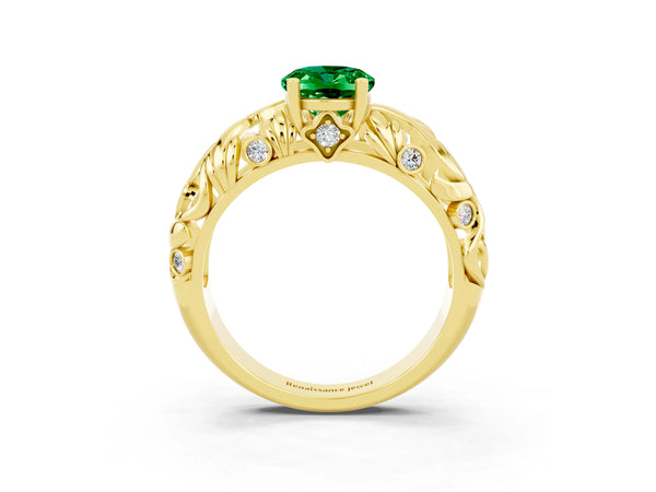 Yellow gold Oval Cut Solitaire Emerald Leaf-Inspired Vine Band Ring with Prong Setting