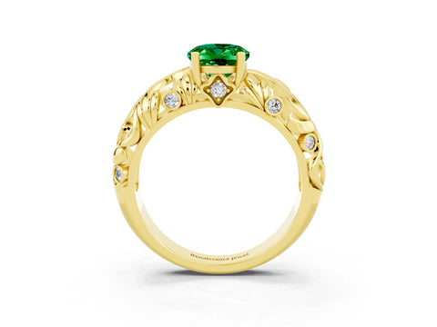 Yellow gold Oval Cut Solitaire Emerald Leaf-Inspired Vine Band Ring with Prong Setting_3