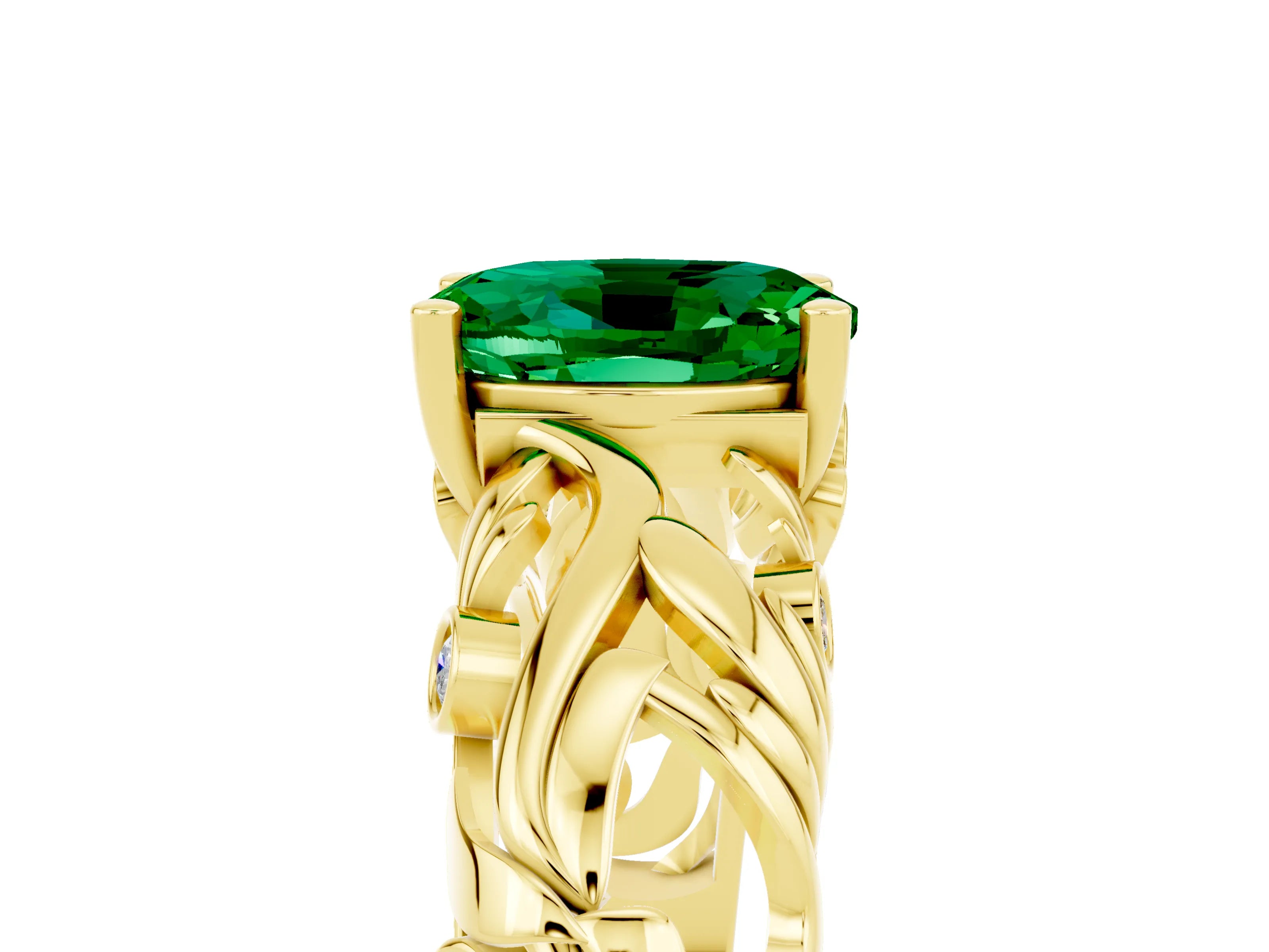 Yellow gold Oval Cut Solitaire Emerald Leaf-Inspired Vine Band Ring with Prong Setting_5