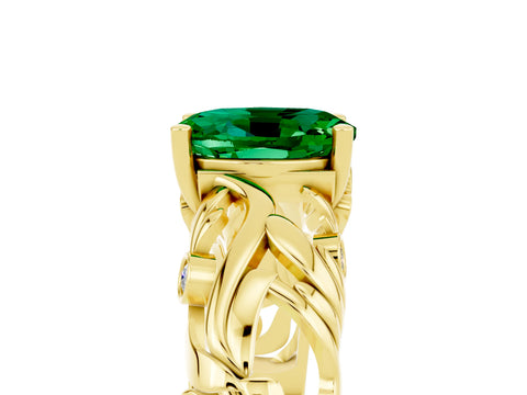 Yellow gold Oval Cut Solitaire Emerald Leaf-Inspired Vine Band Ring with Prong Setting_5