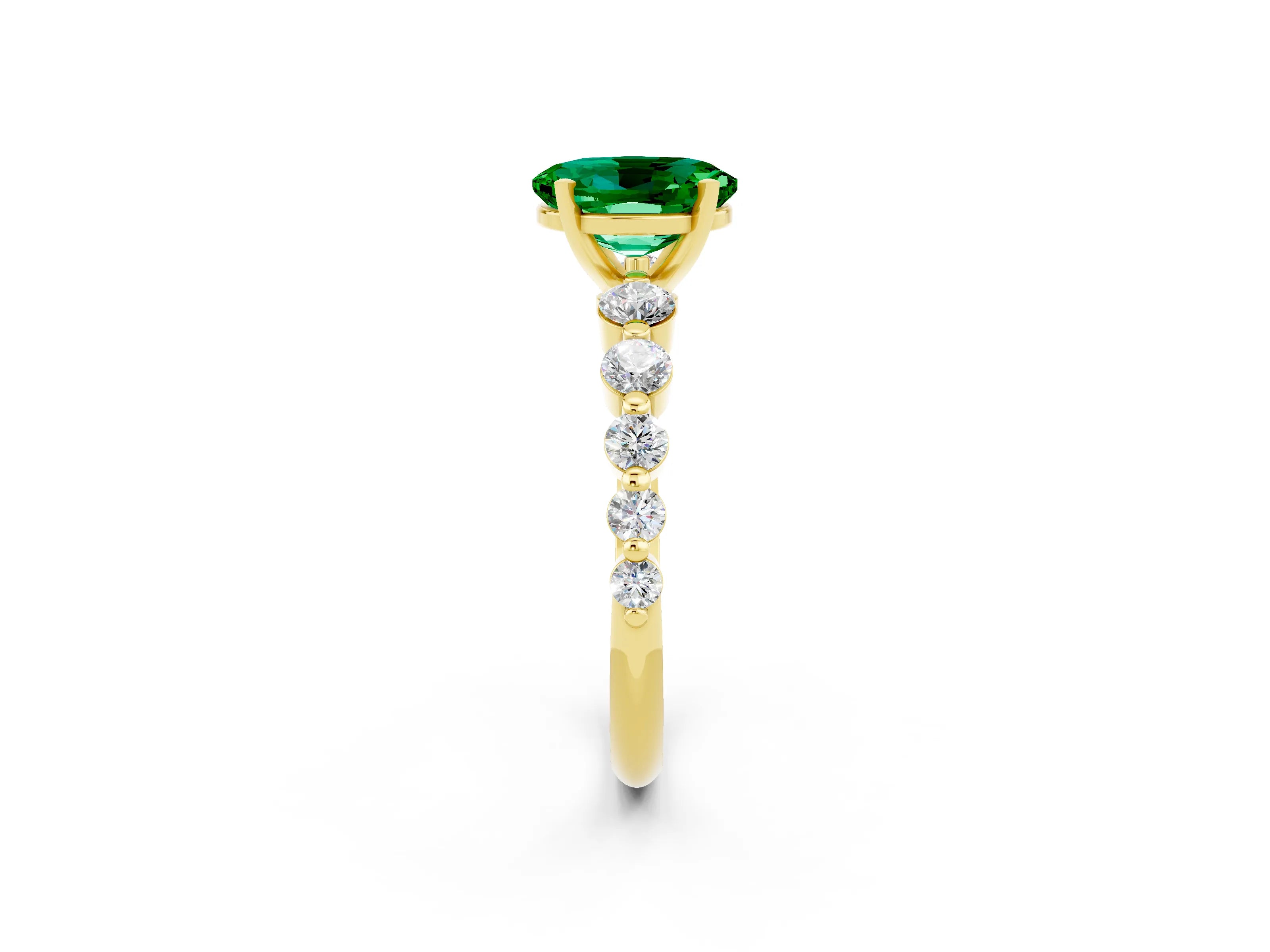 Yellow gold Oval Cut Solitaire Emerald Ring with Pave Band and Four-Prong Setting_2