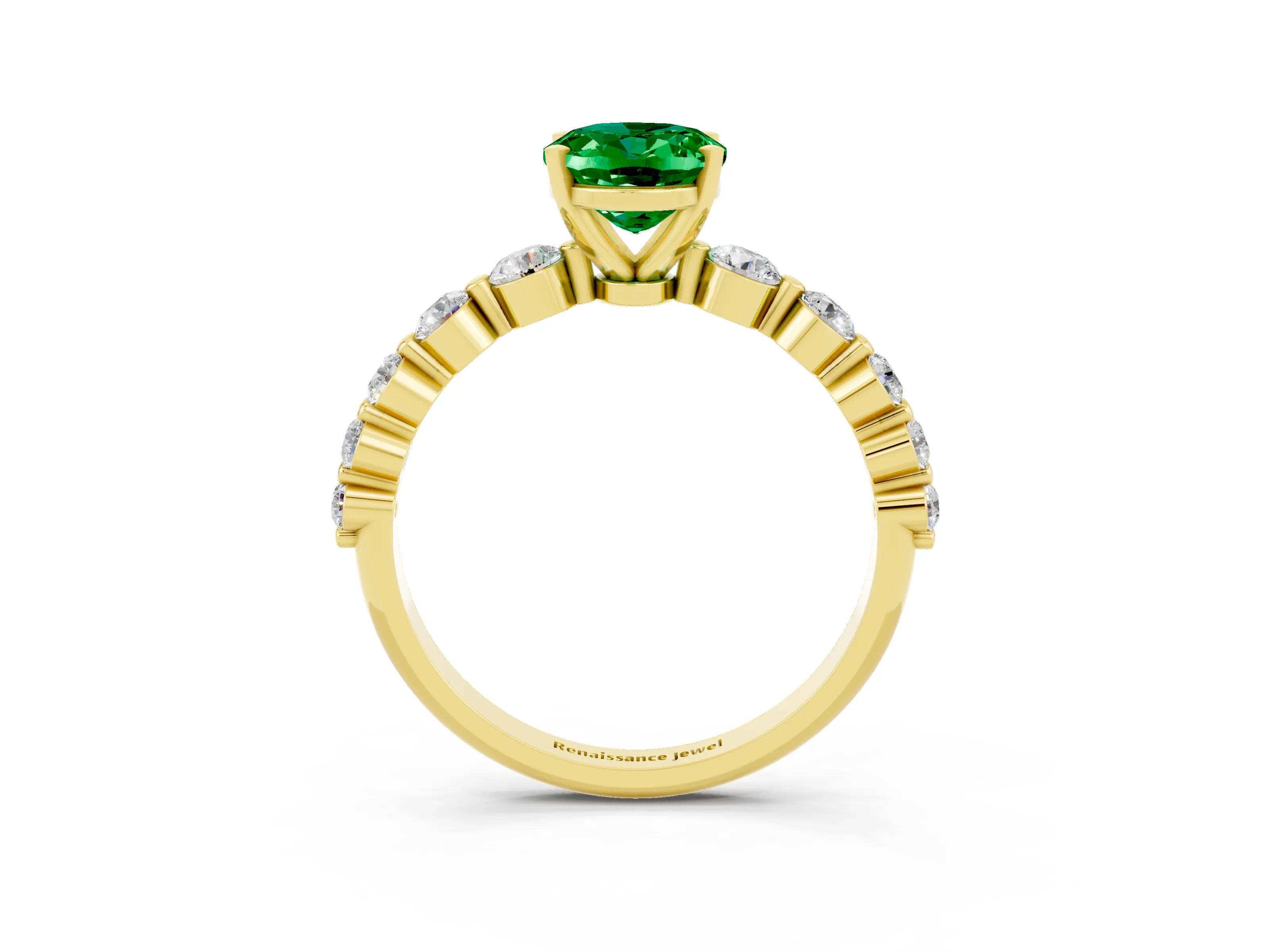 Yellow gold Oval Cut Solitaire Emerald Ring with Pave Band and Four-Prong Setting_3