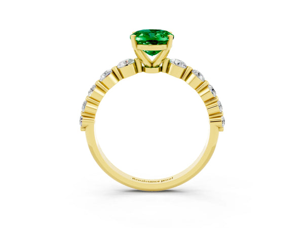 Yellow gold Oval Cut Solitaire Emerald Ring with Pave Band and Four-Prong Setting