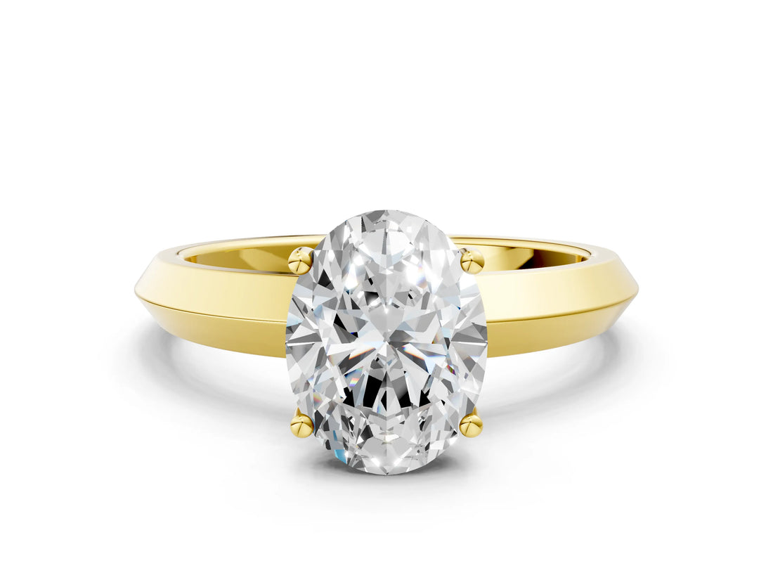 Yellow gold Oval Cut Solitaire Engagement Ring with Flat Band and Four-Prong Setting
