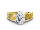 Yellow gold Oval Cut Solitaire Engraved Band with Four-Prong Setting_62