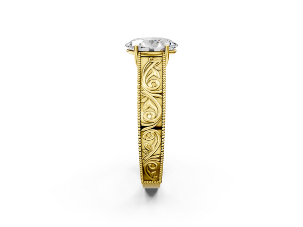 Yellow Gold Oval Vintage Solitaire Engagement Ring Setting with Leaf Scroll Engraved Band