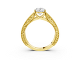 Yellow gold Oval Cut Solitaire Engraved Band with Four-Prong Setting_65