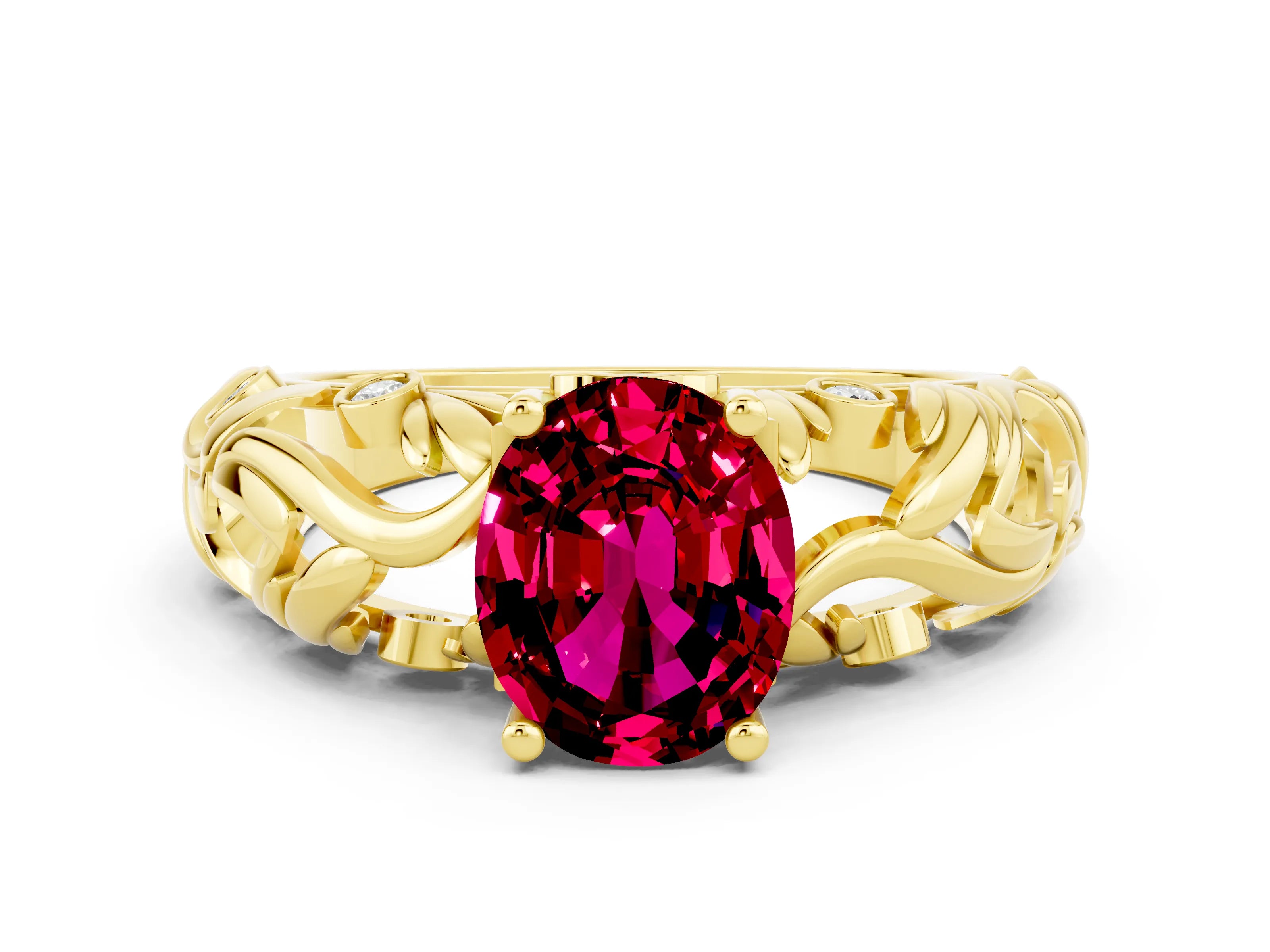 Yellow gold Oval Cut Solitaire Garnet Leaf-Inspired Vine Band Ring with Prong Setting