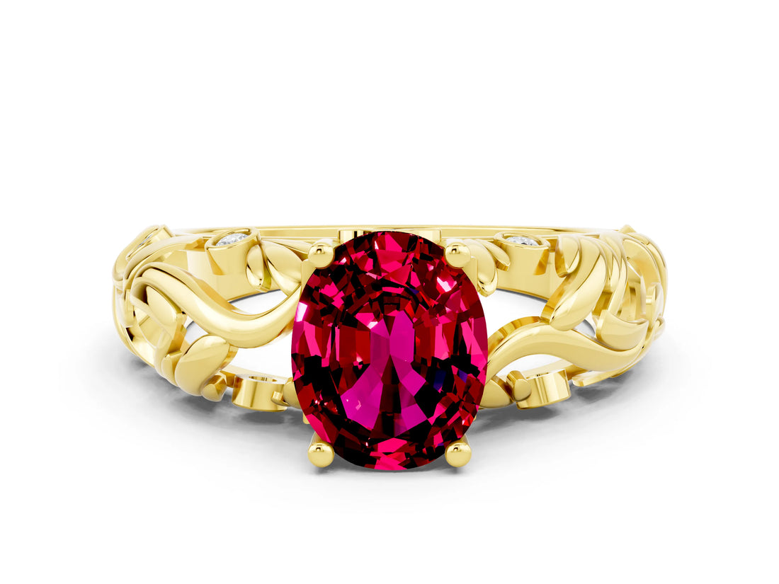 Yellow gold Oval Cut Solitaire Garnet Leaf-Inspired Vine Band Ring with Prong Setting