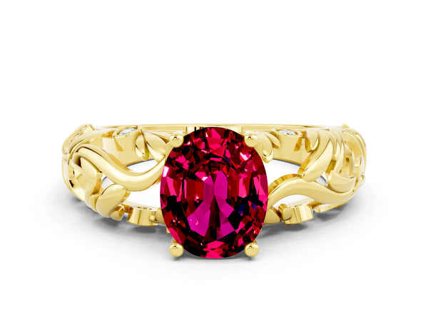 Yellow gold Oval Cut Solitaire Garnet Leaf-Inspired Vine Band Ring with Prong Setting