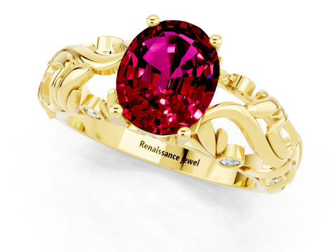 Yellow gold Oval Cut Solitaire Garnet Leaf-Inspired Vine Band Ring with Prong Setting_1