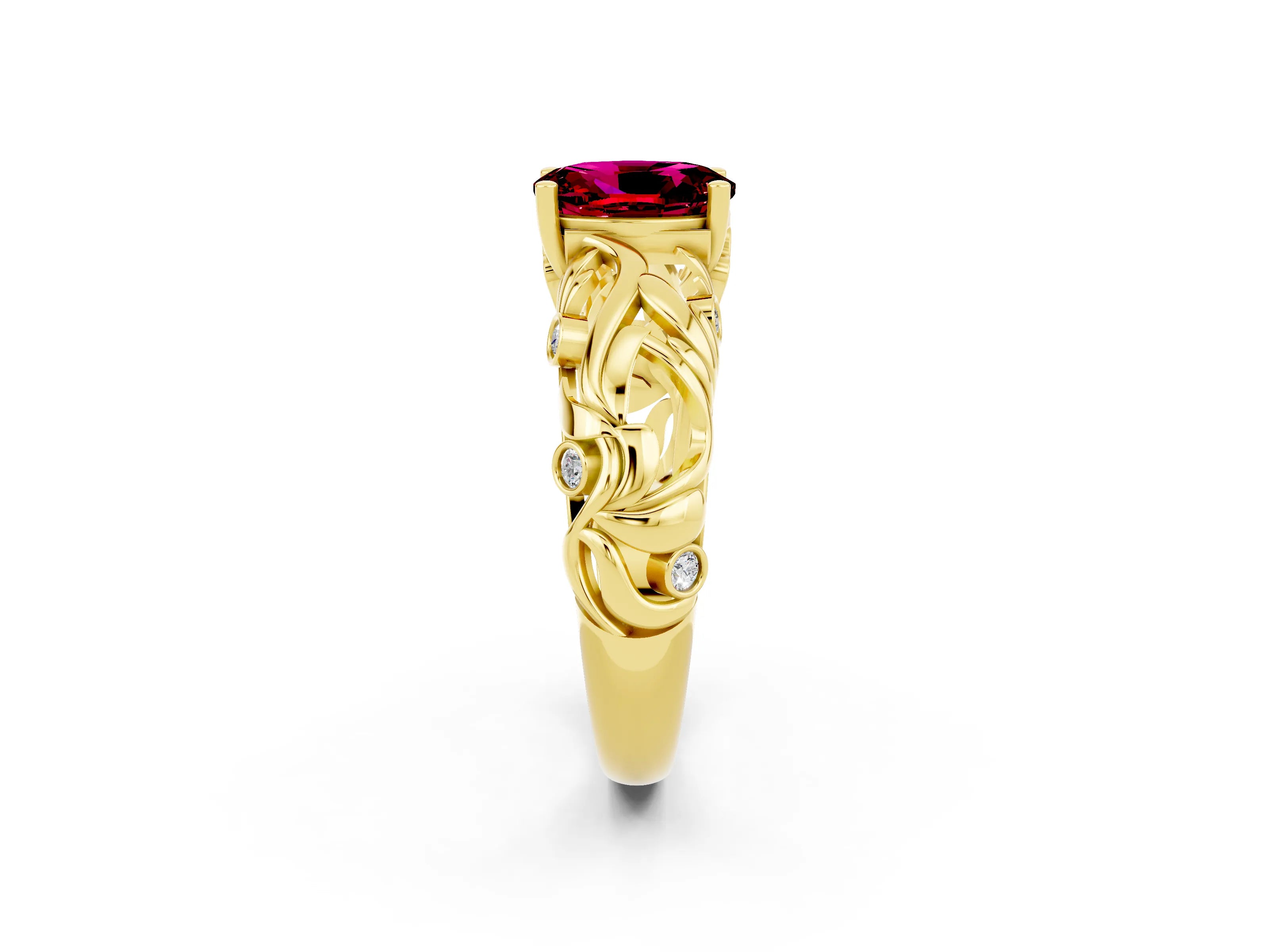 Yellow gold Oval Cut Solitaire Garnet Leaf-Inspired Vine Band Ring with Prong Setting_2