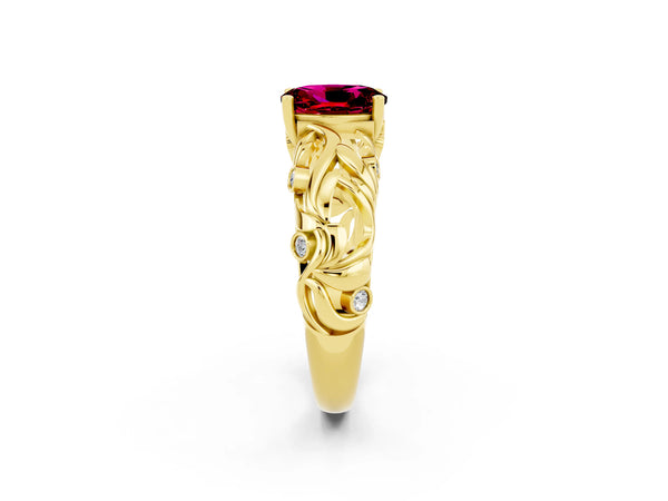 Yellow gold Oval Cut Solitaire Garnet Leaf-Inspired Vine Band Ring with Prong Setting