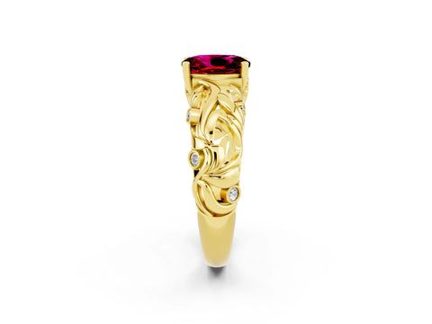 Yellow gold Oval Cut Solitaire Garnet Leaf-Inspired Vine Band Ring with Prong Setting_2