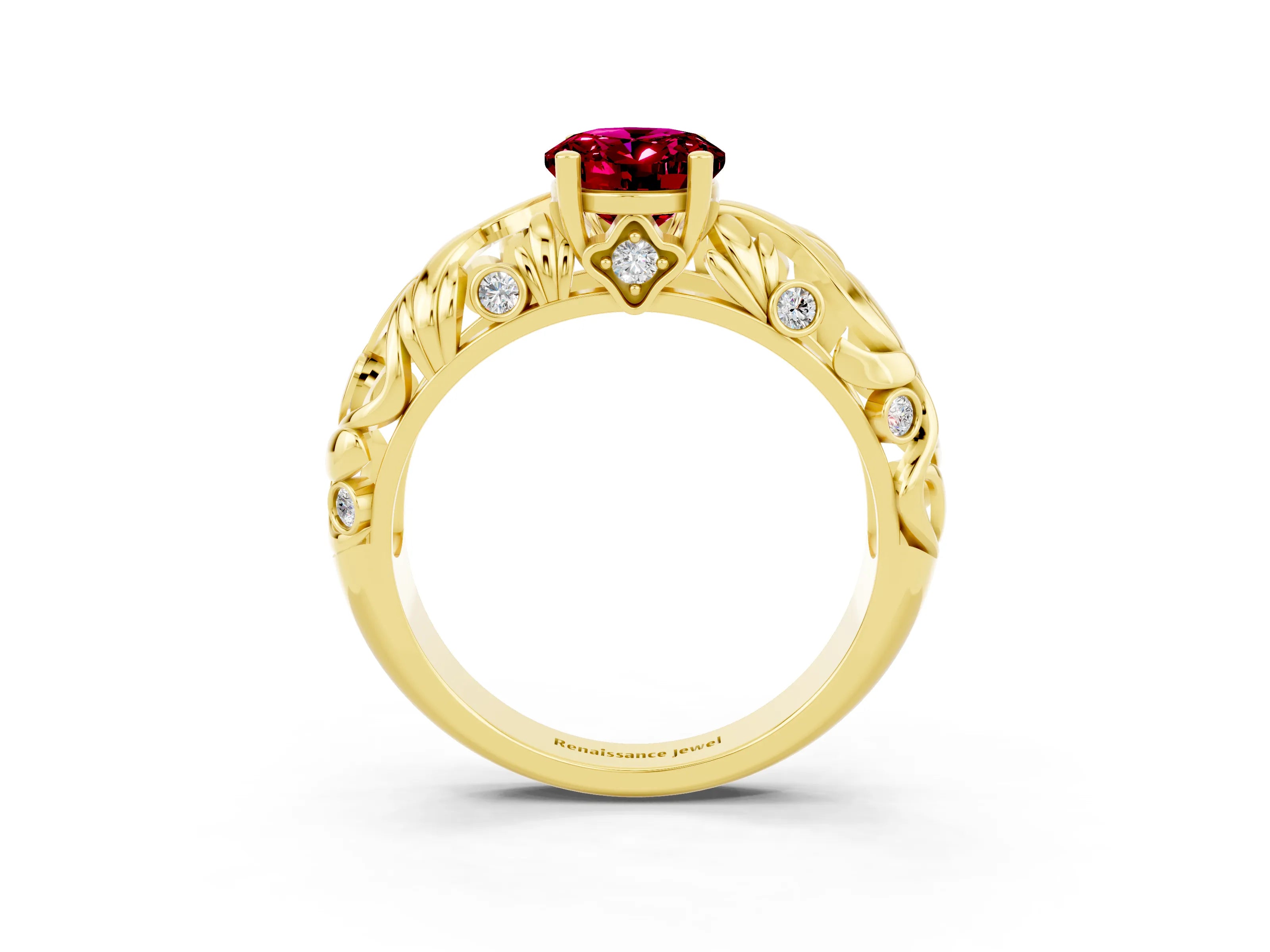 Yellow gold Oval Cut Solitaire Garnet Leaf-Inspired Vine Band Ring with Prong Setting_3