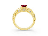 Yellow gold Oval Cut Solitaire Garnet Leaf-Inspired Vine Band Ring with Prong Setting_3