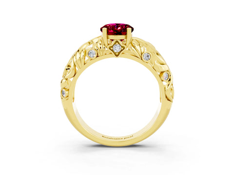 Yellow gold Oval Cut Solitaire Garnet Leaf-Inspired Vine Band Ring with Prong Setting_3