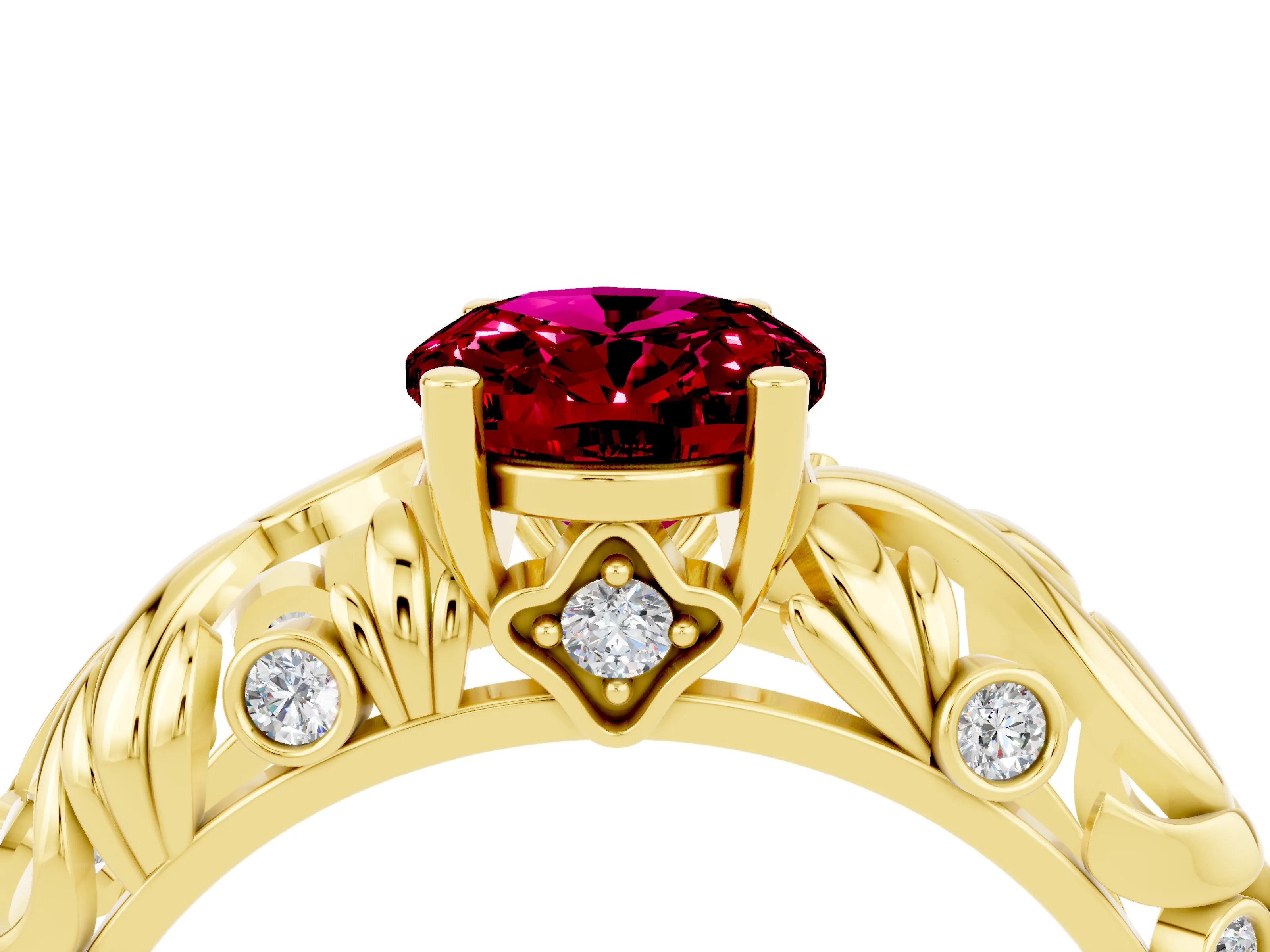 Yellow gold Oval Cut Solitaire Garnet Leaf-Inspired Vine Band Ring with Prong Setting_4
