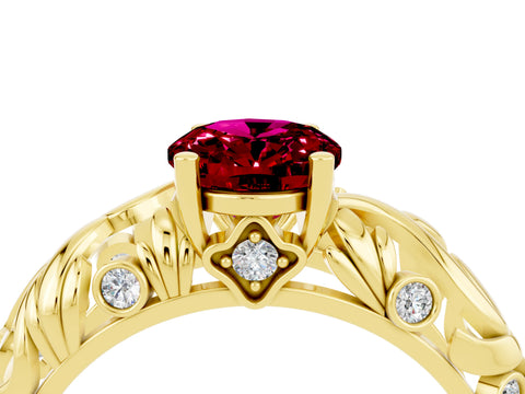 Yellow gold Oval Cut Solitaire Garnet Leaf-Inspired Vine Band Ring with Prong Setting_4